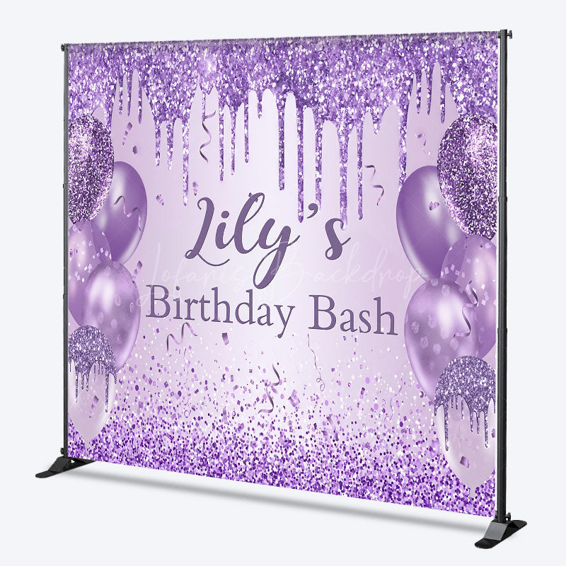 Lofaris Personalized Purple Glitter Birthday Backdrop Glam Drip and Balloons Party Decor Custom Name Bash Banner