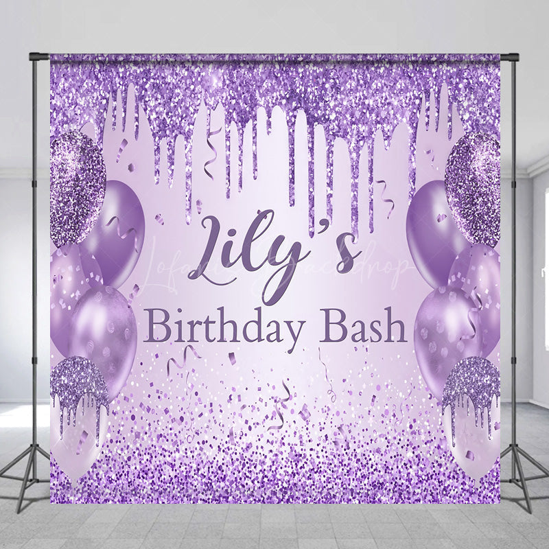 Lofaris Personalized Purple Glitter Birthday Backdrop Glam Drip and Balloons Party Decor Custom Name Bash Banner