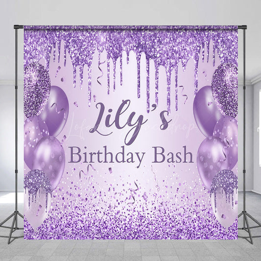Lofaris Personalized Purple Glitter Birthday Backdrop Glam Drip and Balloons Party Decor Custom Name Bash Banner
