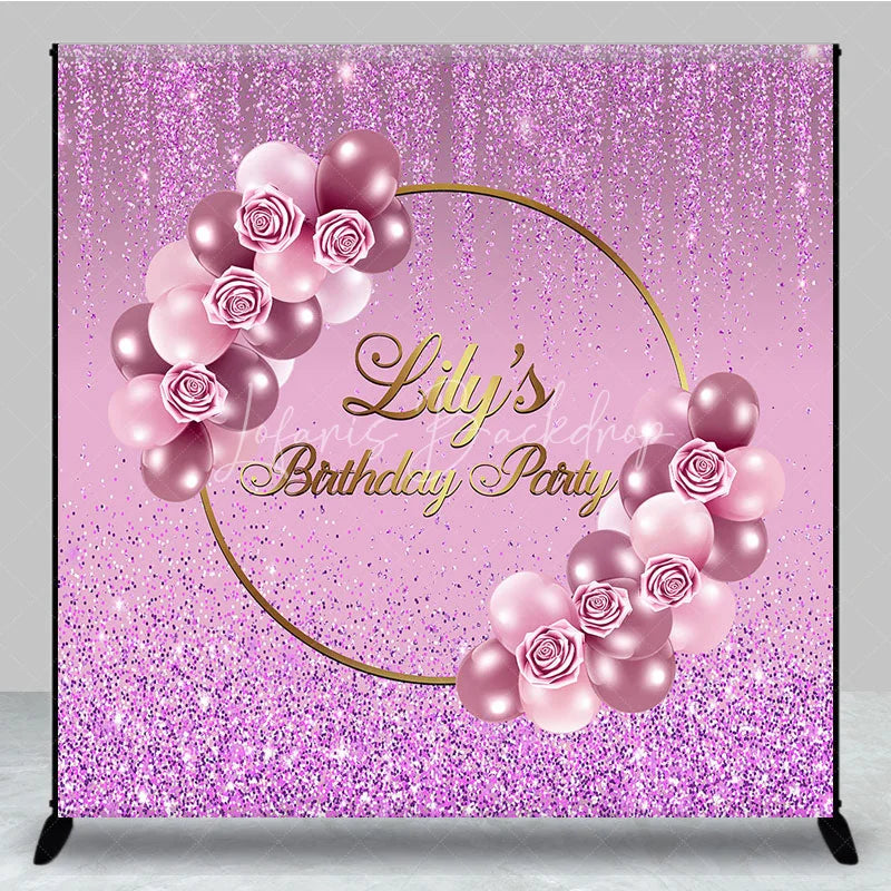 Lofaris Personalized Purple Glitter Birthday Backdrop Pink Roses and Balloons Background Custom Name Party Banner