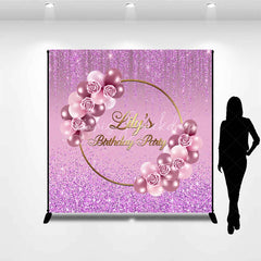 Lofaris Personalized Purple Glitter Birthday Backdrop Pink Roses and Balloons Background Custom Name Party Banner