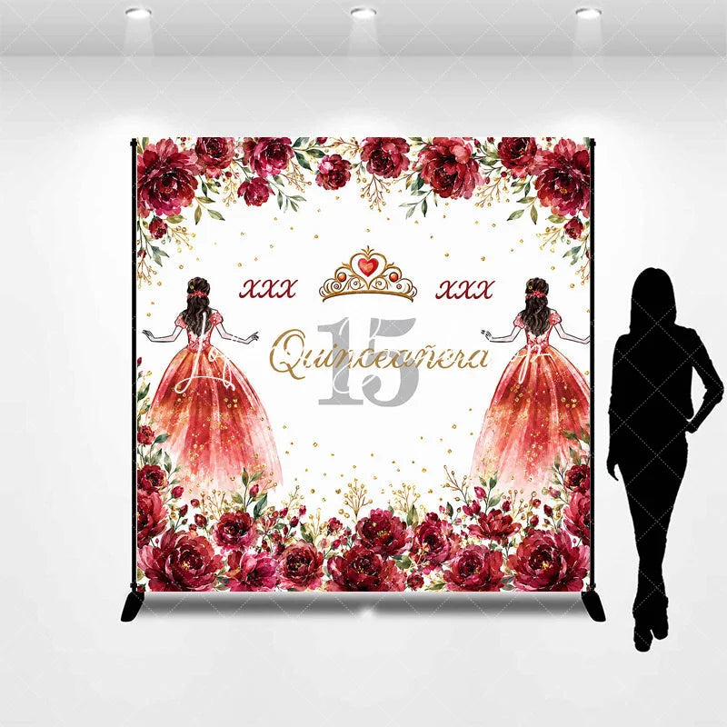 Lofaris Personalized Quinceañera 15th Birthday Custom Backdrop with Red Roses and Gold Glitter Princess Girl Party Decor