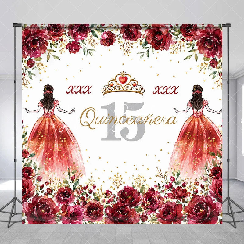 Lofaris Personalized Quinceañera 15th Birthday Custom Backdrop with Red Roses and Gold Glitter Princess Girl Party Decor