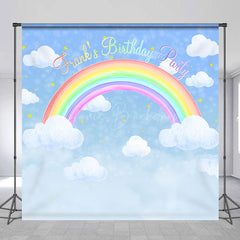 Lofaris Personalized Rainbow Birthday Backdrop Watercolor Clouds in a Blue Sky Custom Name Pastel Party Photo Booth