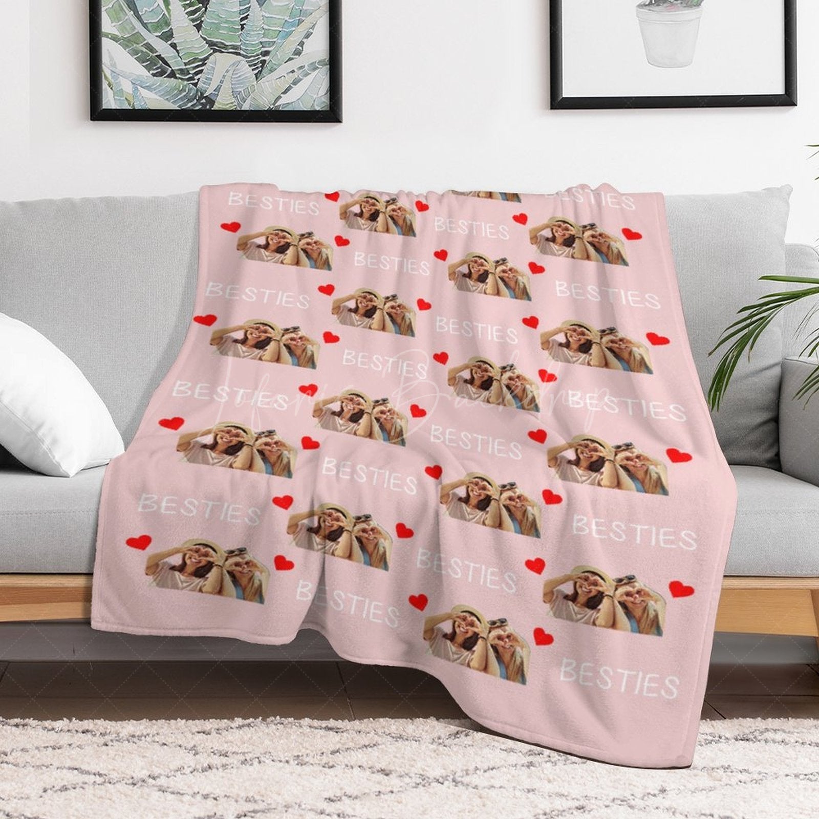 Lofaris Personalized Red Heart Pink Bestie Photos Blanket