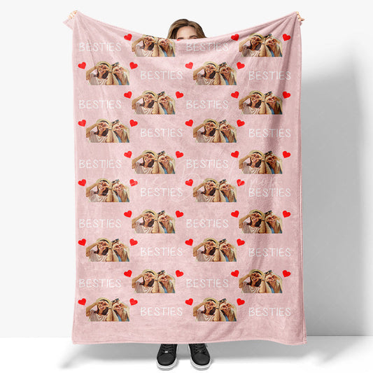 Lofaris Personalized Red Heart Pink Bestie Photos Blanket
