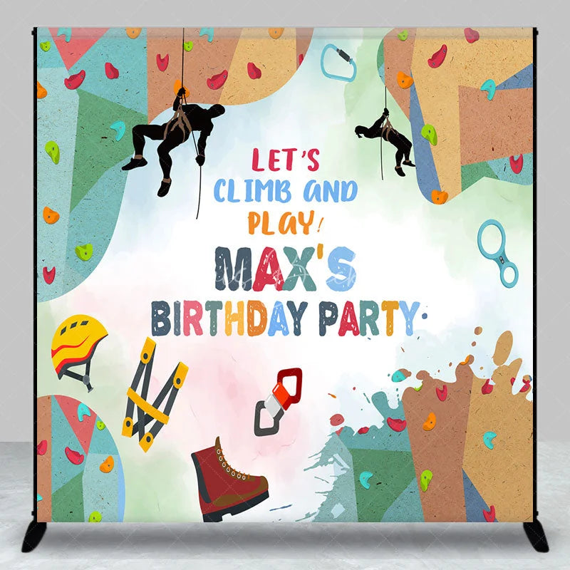 Lofaris Personalized Rock Climbing Birthday Party Backdrop Let’s Climb and Play Custom Name Gear Background