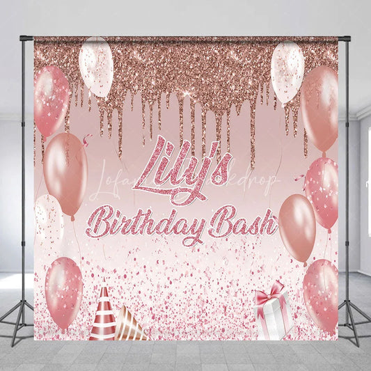 Lofaris Personalized Rose Gold Glitter Birthday Bash Custom Backdrop Pink Balloons and Elegant Party Decor