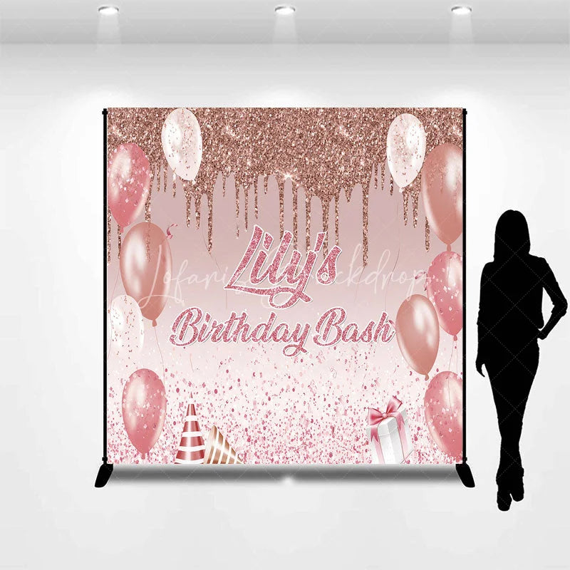 Lofaris Personalized Rose Gold Glitter Birthday Bash Custom Backdrop Pink Balloons and Elegant Party Decor