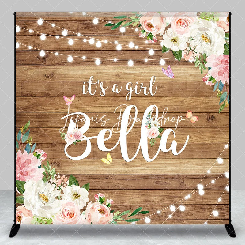 Lofaris Personalized Rustic Wooden It’s A Girl Pink Floral Custom Backdrop with Butterflies String Lights Baby Shower Decor