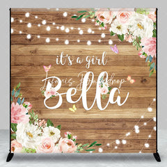 Lofaris Personalized Rustic Wooden It’s A Girl Pink Floral Custom Backdrop with Butterflies String Lights Baby Shower Decor