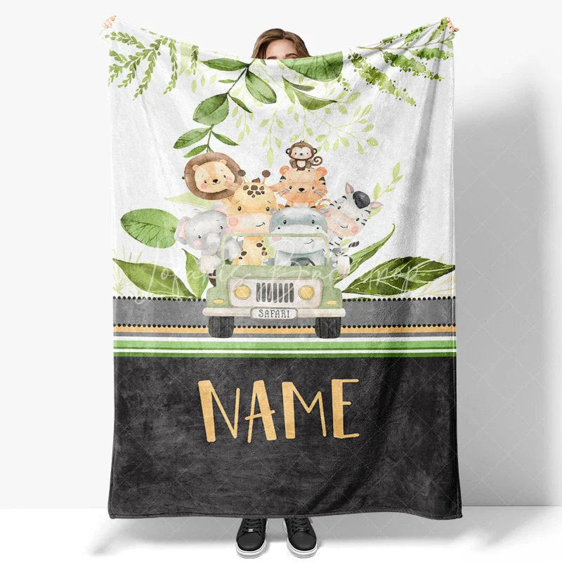 Lofaris Personalized Safari Animals Blanket with Custom Name Cute Jungle in a Jeep Nursery Decor Gift for Boys