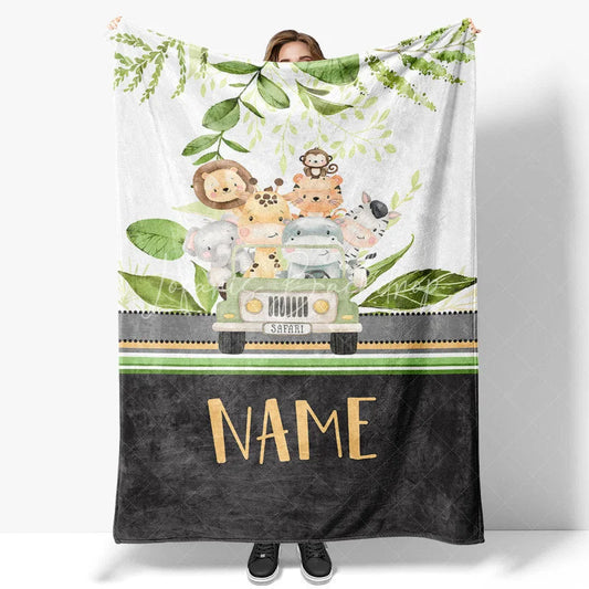 Lofaris Personalized Safari Animals Blanket with Custom Name Cute Jungle in a Jeep Nursery Decor Gift for Boys