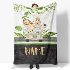 Lofaris Personalized Safari Animals Blanket with Custom Name Cute Jungle in a Jeep Nursery Decor Gift for Boys
