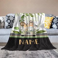 Lofaris Personalized Safari Animals Blanket with Custom Name Cute Jungle in a Jeep Nursery Decor Gift for Boys