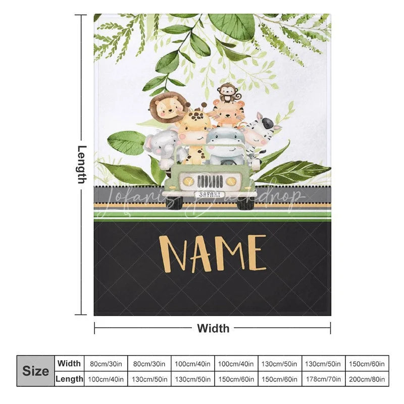 Lofaris Personalized Safari Animals Blanket with Custom Name Cute Jungle in a Jeep Nursery Decor Gift for Boys
