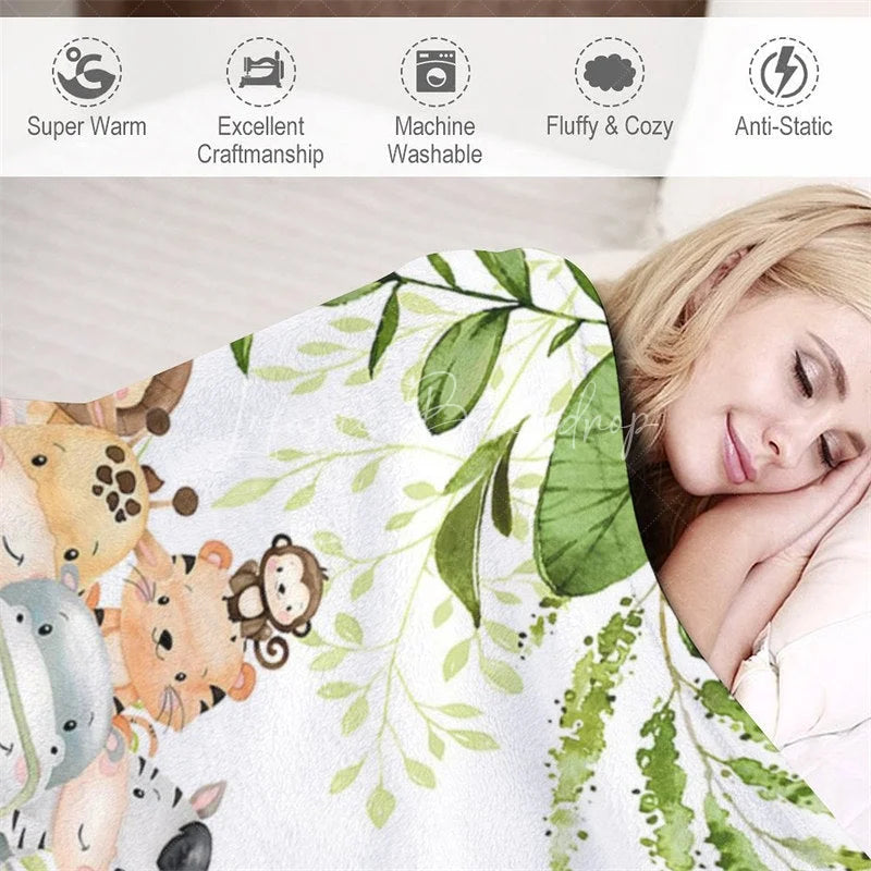 Lofaris Personalized Safari Animals Blanket with Custom Name Cute Jungle in a Jeep Nursery Decor Gift for Boys