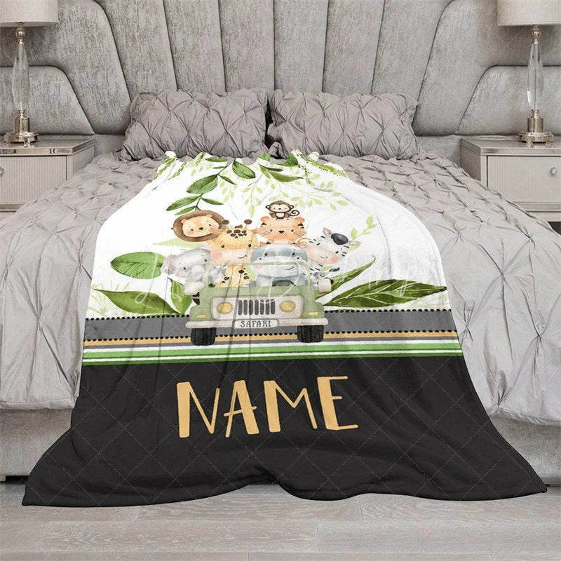 Lofaris Personalized Safari Animals Blanket with Custom Name Cute Jungle in a Jeep Nursery Decor Gift for Boys