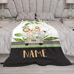 Lofaris Personalized Safari Animals Blanket with Custom Name Cute Jungle in a Jeep Nursery Decor Gift for Boys