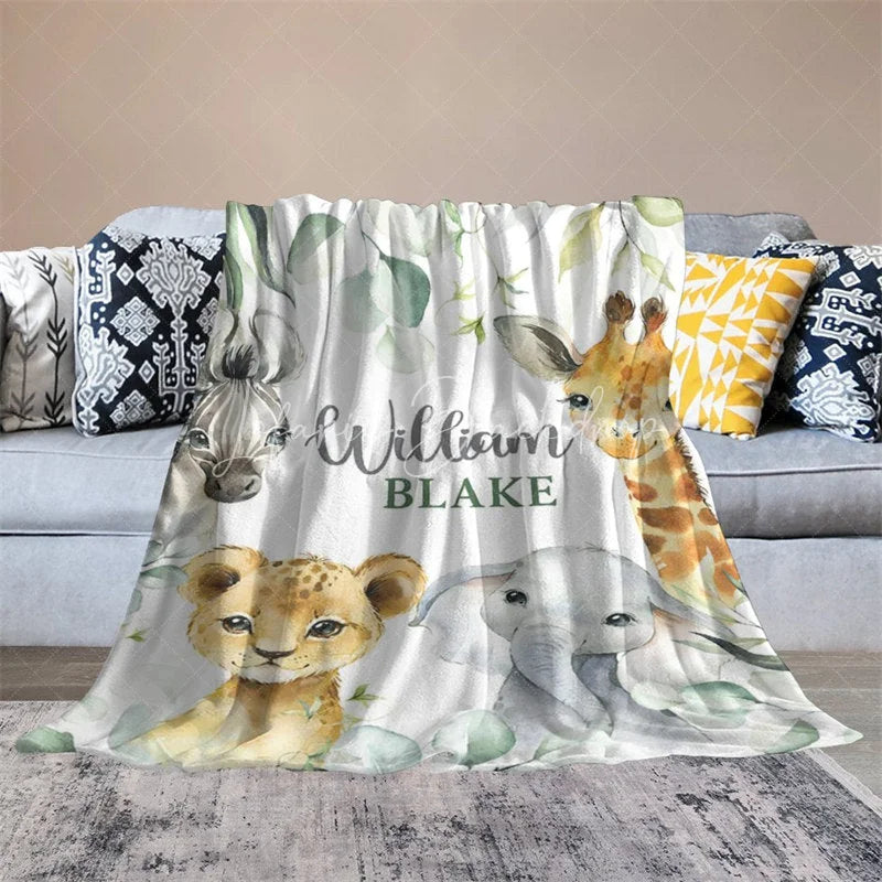Lofaris Personalized Safari Animals Blanket with Custom Name Cute Jungle Lion Elephant Giraffe Zebra Nursery Decor