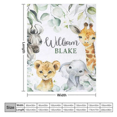 Lofaris Personalized Safari Animals Blanket with Custom Name Cute Jungle Lion Elephant Giraffe Zebra Nursery Decor