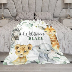Lofaris Personalized Safari Animals Blanket with Custom Name Cute Jungle Lion Elephant Giraffe Zebra Nursery Decor