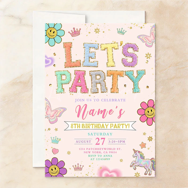 Lofaris Personalized Set of 20 Pastel Glitter Let’s Party Birthday Invitation featuring Whimsical Smiley Flowers and Unicorns