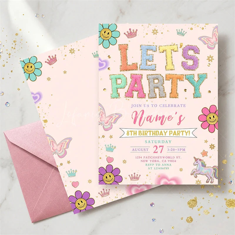 Lofaris Personalized Set of 20 Pastel Glitter Let’s Party Birthday Invitation featuring Whimsical Smiley Flowers and Unicorns