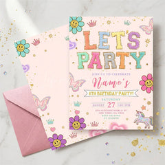 Lofaris Personalized Set of 20 Pastel Glitter Let’s Party Birthday Invitation featuring Whimsical Smiley Flowers and Unicorns