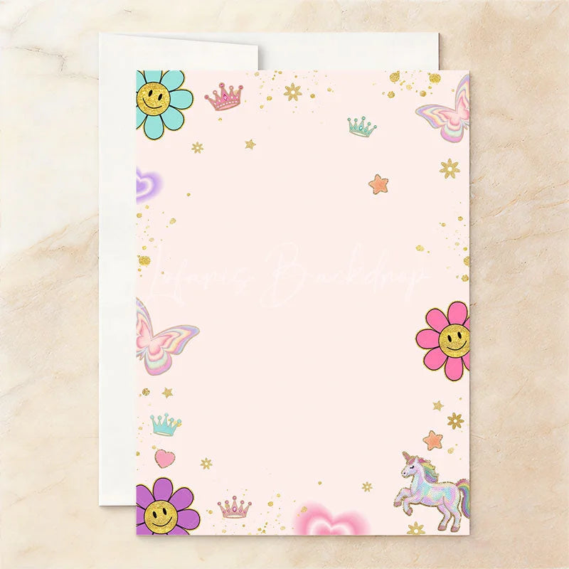 Lofaris Personalized Set of 20 Pastel Glitter Let’s Party Birthday Invitation featuring Whimsical Smiley Flowers and Unicorns
