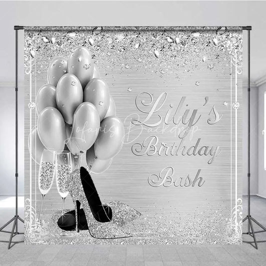 Lofaris Personalized Silver Balloon Custom Birthday Backdrop Diamonds High Heels Women Party Photography Background