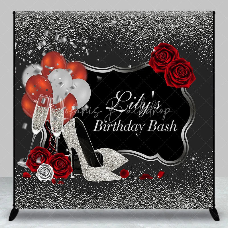 Lofaris Personalized Silver Glitter Birthday Bash Backdrop Custom Name Red Rose and High Heel Party Banner