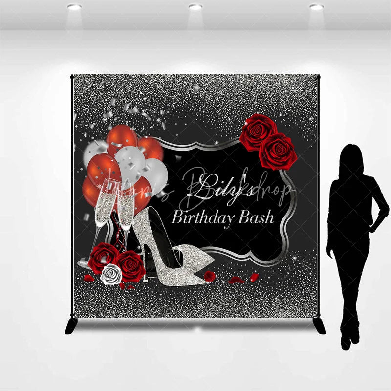 Lofaris Personalized Silver Glitter Birthday Bash Backdrop Custom Name Red Rose and High Heel Party Banner