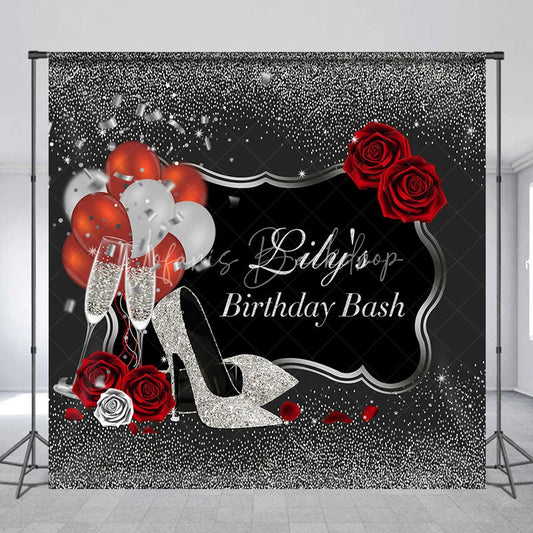 Lofaris Personalized Silver Glitter Birthday Bash Backdrop Custom Name Red Rose and High Heel Party Banner