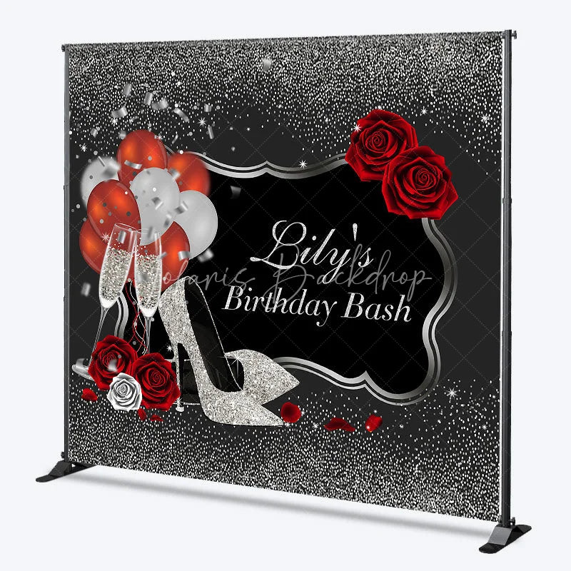 Lofaris Personalized Silver Glitter Birthday Bash Backdrop Custom Name Red Rose and High Heel Party Banner