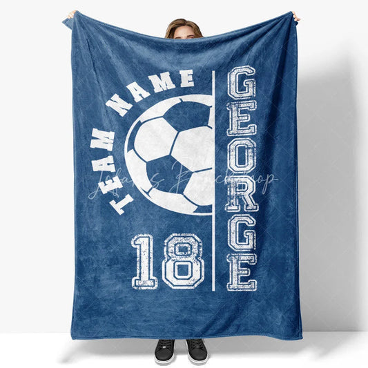 Lofaris Personalized Soccer Name Blanket Custom Team Number Sports Gift Blue Football for Boy Player