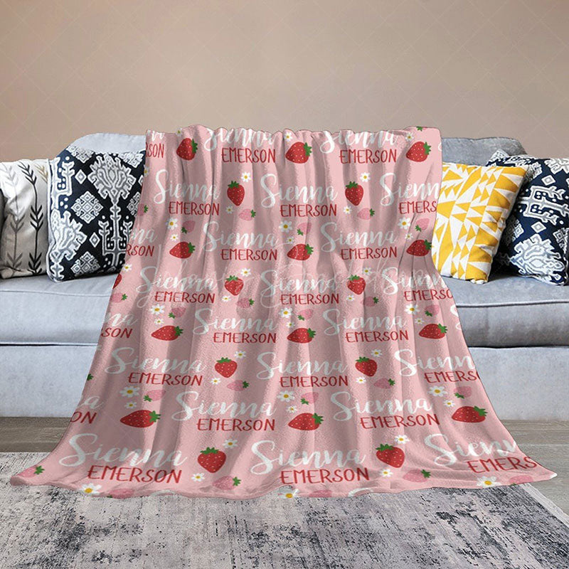 Lofaris Personalized Strawberry Blanket with Custom Name Berry Sweet Fruit Theme for Baby Girl Nursery Decor Gift