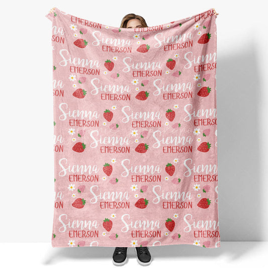 Lofaris Personalized Strawberry Blanket with Custom Name Berry Sweet Fruit Theme for Baby Girl Nursery Decor Gift