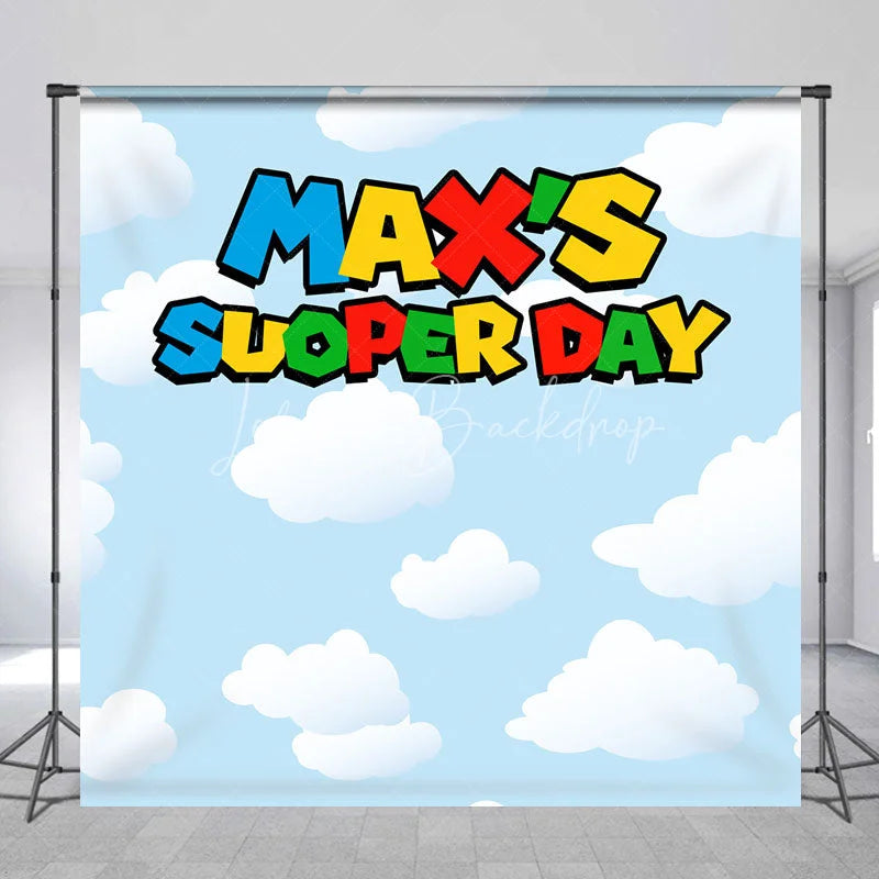 Lofaris Personalized Super Day Birthday Backdrop Custom Name Video Game Theme Blue Sky and Clouds Banner