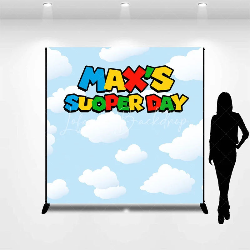 Lofaris Personalized Super Day Birthday Backdrop Custom Name Video Game Theme Blue Sky and Clouds Banner
