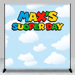 Lofaris Personalized Super Day Birthday Backdrop Custom Name Video Game Theme Blue Sky and Clouds Banner