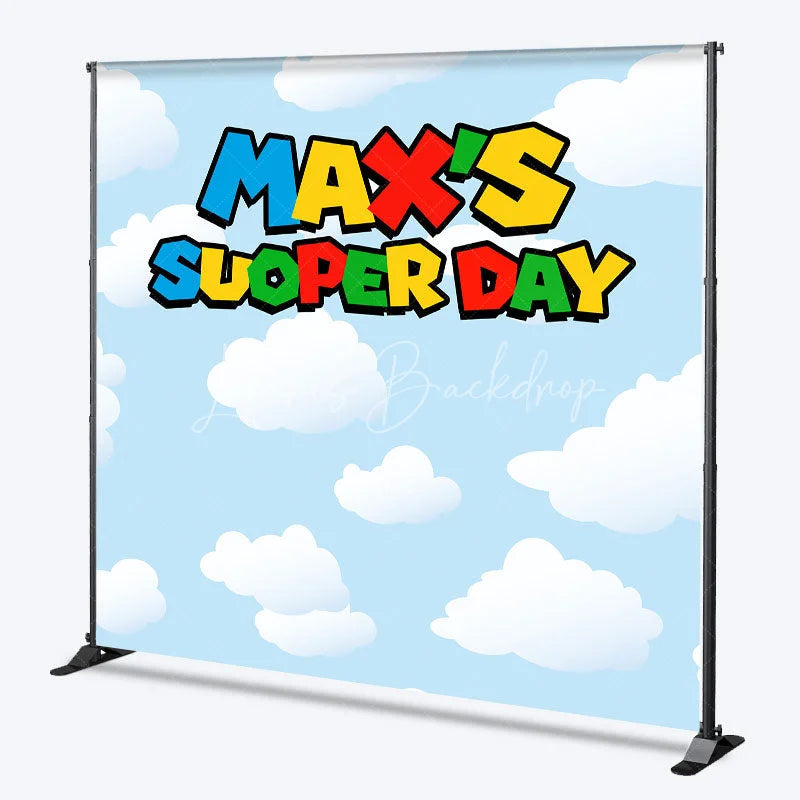 Lofaris Personalized Super Day Birthday Backdrop Custom Name Video Game Theme Blue Sky and Clouds Banner