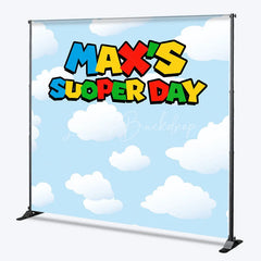 Lofaris Personalized Super Day Birthday Backdrop Custom Name Video Game Theme Blue Sky and Clouds Banner