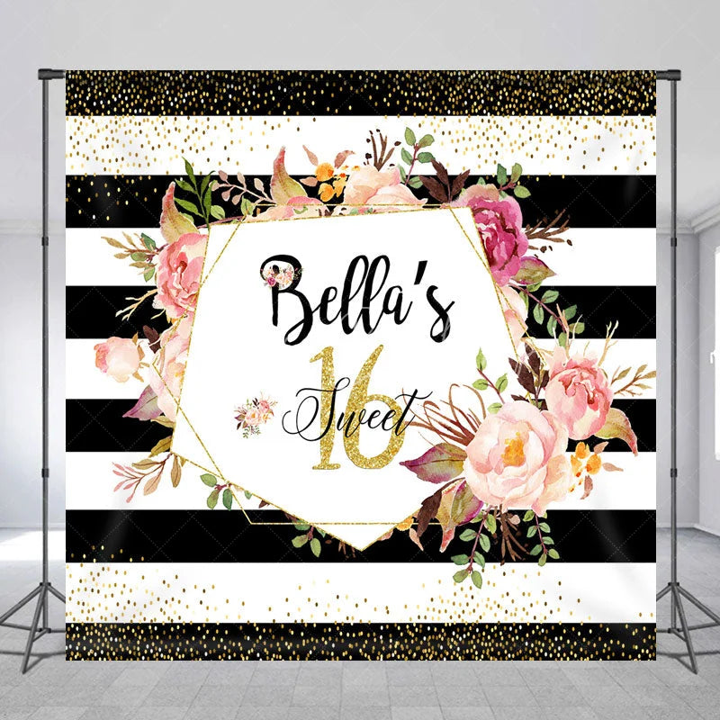 Lofaris Personalized Sweet 16 Birthday Backdrop Black and White Stripes with Pink Floral Custom Name Party Photo Booth