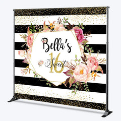 Lofaris Personalized Sweet 16 Birthday Backdrop Black and White Stripes with Pink Floral Custom Name Party Photo Booth