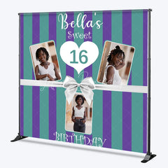 Lofaris Personalized Sweet 16 Birthday Photo Backdrop Custom Name Purple and Green Striped Party Banner