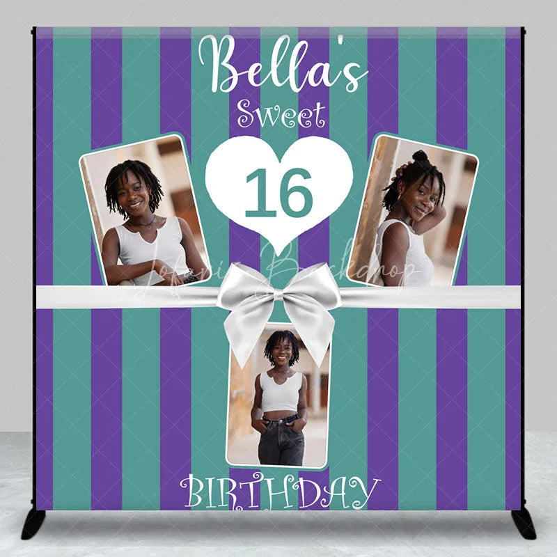 Lofaris Personalized Sweet 16 Birthday Photo Backdrop Custom Name Purple and Green Striped Party Banner
