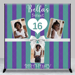 Lofaris Personalized Sweet 16 Birthday Photo Backdrop Custom Name Purple and Green Striped Party Banner
