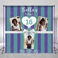 Lofaris Personalized Sweet 16 Birthday Photo Backdrop Custom Name Purple and Green Striped Party Banner