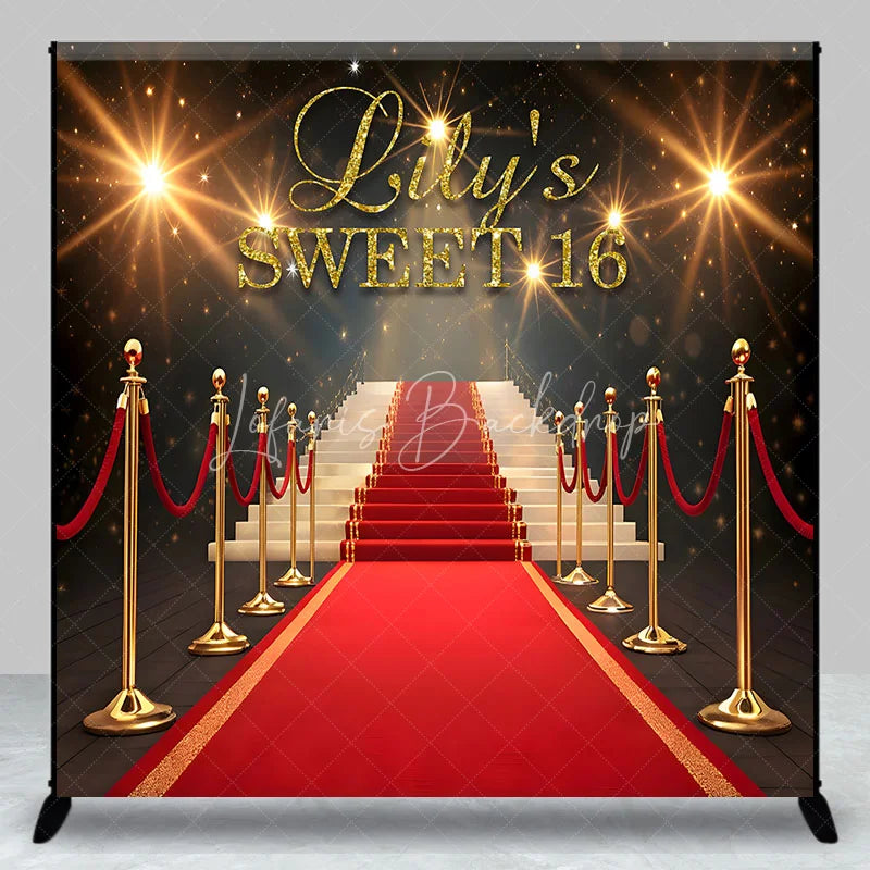 Lofaris Personalized Sweet 16 Custom Birthday Backdrop Red Carpet Hollywood Glamour and Gold Glitter Decoration